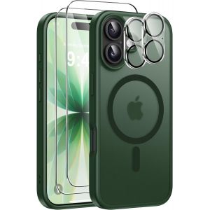 ELVORIX-5 in 1 Magn&eacute;tique Coque pour iPhone 17 avec 2 Verres Tremp&eacute;s et 2 Cam&eacute;ra Protecteur, Compatible MagSafe Dos Anti Rayures &Eacute;tui Antichoc TPU Bumper Housse pour iPhone 17 6,3"" - Vert - Neuf