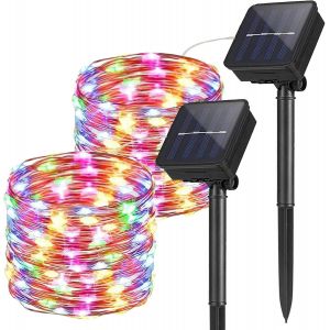 KAL-2 Pack Guirlande Lumineuse Exterieur Solaire, 10M 100 Led Étanche Guirlande Solaire Exterieur, Auto On/Off Décoration Lumière Pour Jardin Terrasse Clôture Cour Maison Noël Mariage Fête, Couleur - Neuf