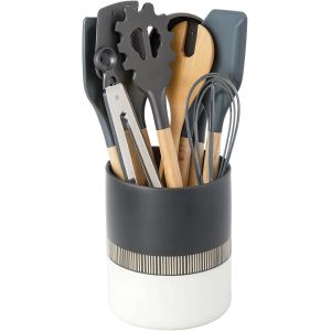 Eryi-Pot Ustensiles Cuisine En Ceramique Grand, 13,2 X 15,9 Cm Porte Ustensiles Cuisine, Style Minimaliste Range Ustensiles Cuisine, Support À Vaisselle Ustensile À Rayures Dorées, Noir Et Blanc - Neuf