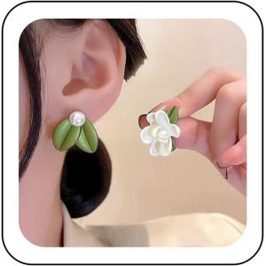 Kal-Boucles D'oreilles Asym&eacute;triques En &Eacute;mail Feuille Verte Fleur Blanche Boucles D'oreilles Feuille De Gard&eacute;nia Boucles D'oreilles Perl&eacute;es Plantes Boucles D'oreilles En &Eacute;mail Bijoux Pour Femmes - Neuf