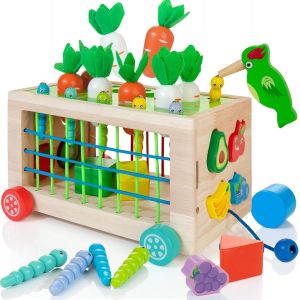 Montessori Toys Wooden Sorting and Stacking Toys for Toddlers 6 in 1 Trolley Activity Cube Elastic Bands Carrot Harvest Learning Toys for Boys Girls 12+ Months - Neuf