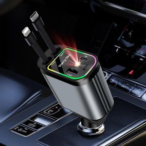 Eryi-Retractable Chargeur Voiture Allume Cigare Usb C Chargeur De Voiture 4 En 1 À Charge Ultra Rapide Max 66 W Accessoires Voiture Interieur Compatible Avec Iphone, Galaxy, Pixel, Google, Huawei Etc - Neuf
