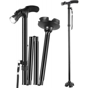 Meimie-Canne De Marche Pliante Avec Lumière Led Pour Homme Et Femme, Canne De Marche, Canne Hauteur Réglable, Bâton De Marche Pliable Pour Femme, Homme, Personnes Âgées - Neuf