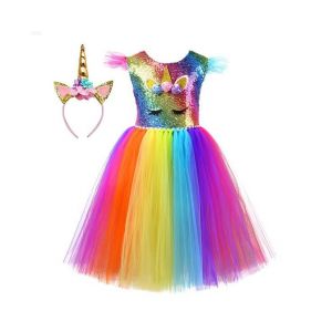 Robe Tutu De Princesse Licorne Magique Avec Manches Arc-En-Ciel Et Bandeau - Parfaite Pour Les Occasions Spéciales Et Le Plaisir De Se Déguiser ! - Neuf