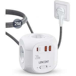 Rallonge Multiprise 4 Sortie AC avec 2 QC3,0 et 1 PD20W, Prise Multiple 2500W avec Interrupteur et Rallonge Electrique 2 M&egrave;tres pour Maison Bureau Fiche Plate, Tress&eacute; C&acirc;ble, Blanc - Neuf