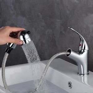 Robinet de salle de bain avec douchette extractible et deux modes de débit d'eau, pour lavabo ou vasque, mitigeur de lavabo réglable eau chaude et eau froide, chromé - Neuf