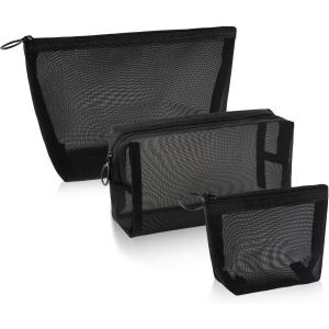 MAA-Lot de 3 Noir Mini Trousses de Maquillage Trousses de Maquillage Portables en Maille avec Fermeture Eclair Peut Etre Utilisé Trousse de Toilette Porte Monnaie Sac à Main - Neuf