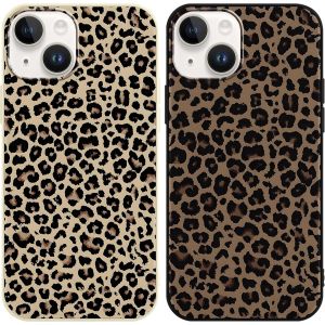 KALANKA-2 Pi&egrave;ces Coque pour iPhone 14/iPhone 13, &Eacute;tui de Protection avec Aesthetic Design L&eacute;opard Motif, TPU Silicone Antichoc Femme Fille Housse Etui Bumper Cover pour iPhone 13 6,1'' - Marron - Neuf