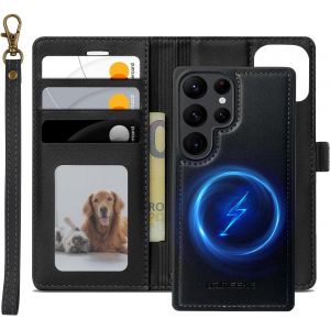 Maa-Magnétique Coque Pour Samsung Galaxy S25 Ultra 5g Compatible Avec Magsafe, 2 In 1 Housse En Cuir Pu Premium Amovible Protection Etui À Rabat Fentes Carte Pochette De Portefeuille Antichoc, Noir - Neuf
