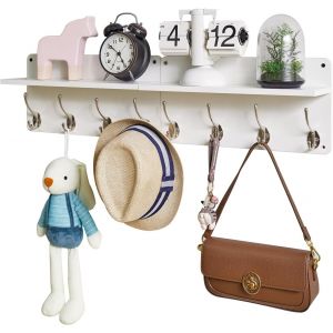 CAUC-cintre mural, cintre en bois, ensemble de 2, porte - manteau d'entr&eacute;e avec 8 crochets, &eacute;tag&egrave;re flottante 80cm L, porte - cl&eacute;s, convient pour cuisine,salle de bains, salon, blanc, HWS006W-2 - Neuf