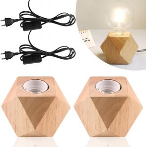 Kal-2 Pcs Lampe De Table En Bois, Lampe De Chevet E27 Socle En Bois, Petite Lampe De Chevet Avec Socle En Bois Diamant, Prise Ue Socle En Bois E27 Parfait Pour Chambre/Salon/Bureau (Sans Ampoule) - Neuf