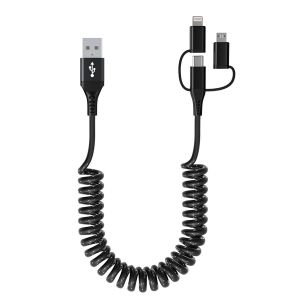 C&acirc;ble Spirale Voiture pour Apple CarPlay et Android Auto [MFi & 3A Charge Rapide & Sync des Donn&eacute;es] C&acirc;ble USB vers USB C et Lightning et Micro-USB 3en1 pour iPhone 17/16/15/14/13/12/11/Galaxy/Android - Neuf