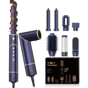 Pro Air Brush Styler 7 En 1 Brosse Soufflante S&egrave;che Cheveux Haute Vitesse S&egrave;che-Cheveux Ionique [110,000 Tr/Min] Avec 7 Accessoires De Coiffure Femme Cadeau Ensemble De Brosses &Agrave; Air Chaud, Bleu - Neuf