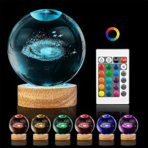 Veilleuse En Forme De Voie Lact&eacute;e 3d En Forme De Boule De Cristal - Voie Lact&eacute;e De 8 Cm - 16 Couleurs - Avec Base En Bois - Boule &Agrave; Neige En Verre Grav&eacute;e Au Laser - Cadeau Pour Femmes, Enfants, Amis - Neuf