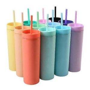 En Stock 16 Oz Acrylique Skinny Tumblers Couleurs Mates Double Paroi Bouteille D'eau Cafe Boire Plastique - Neuf
