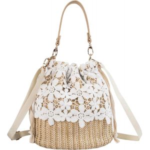 nzqaf-Sac De Paille Sac Bandoulière Sac En Osier Femmes Filles Cordon Dentelle Sac à Main Tissé Sac de Plage d'été en Rotin Boho Vacances Seau - Neuf