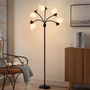 Lampes De Sol Led Modernes,Lampes Sur Pied &Agrave; 5 T&ecirc;tes Avec Bras En Col De Cygne Ajustable,Lampes De Sol En M&eacute;tal Pour Le Salon,La Chambre &Agrave; Coucher,5 Abat-Jour Blancs,Noirs,Base E26 - Neuf