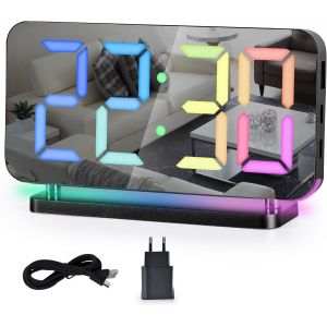 Cheng-R&eacute;veil Num&eacute;rique,R&eacute;veil Rvb Pour Table De Chevet,Horloge Miroir Led 7,4"" Avec Port De Chargement Usb,Veilleuse Rvb 10 Modes,Affichage Led 11 Couleurs, Gradation Automatique,5 Niveaux De Volume - Neuf