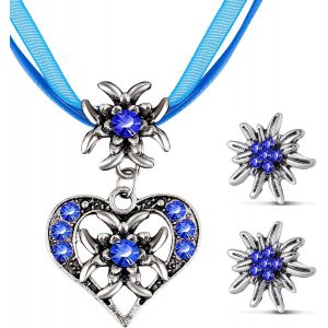 Kal-3 Pcs Set De Bijoux D'edelweiss Fantaisie Bijoux De Dirndl Bavarois Collier D'edelweiss Strass Avec Pendentif C?ur Boucles D'oreilles D'edelweiß Pour Fête De Bière Traditionnelle - Neuf