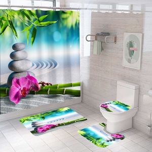 Zen Ardoise Rideaux de Douche 4 Pièces avec anti-Dérapant Tapis, de Couverture de Siège de Toilette et Tapis de Bain, Vintage Imperméable salle de Bain Rideau de Douche avec 12 Crochets - Neuf