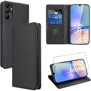 Kal-Coque Cuir Pour Samsung Galaxy A05s 6.7"" Avec 1 Verre Trempé Etui À Rabat En Pu Porte-Cartes Portefeuille Support Flip Housse Magnétique Antichoc Anti-Rayures Case,Noir - Neuf