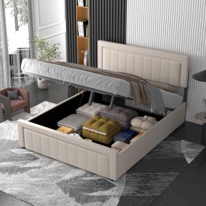 Lit contemporain avec coffre de rangement 140x190cm en velours beige NASHVILLE - Neuf