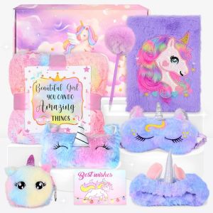 ChenQuanSarl-Licorne Cadeau Fille 3 4 5 6 7 8 Ans, Peluche Licorne Cadeau Fille Enfant Pour Journal Intime Avec Stylo Porte Monnaie,Couverture Polaire Licorne Masque Bandeau Jouet Cadeaux Anniversair - Neuf