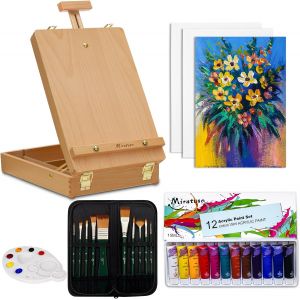 Nouvelhorizonstore-Fournitures Artistiques 27 Pi&iquest;&iquest;Ces Peinture Acrylique Set Avec Chevalet De Table - 12 Peinture, 10 Pinceaux, 3 Panneaux De Toile, 1 Palette, Kit De Peinture Pour Artistes, Enfants, - Neuf
