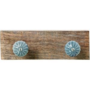 Porte-manteau mural en bois avec 2 crochets en c&eacute;ramique naturelle et bleue 7,5 x 22,5 x 7,5 cm - Neuf