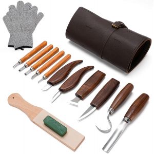 MEVRONISSHOP-Ciseaux &agrave; Bois, 15 in 1 Outils de Sculpture Bois, Outillage Bois avec 5 Couteau Sculpture Bois, Professionnel/Junior Outil de Ciseaux a Bois Kit DIY avec Gants Anti-coupures - Neuf
