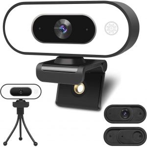 Webcam avec microphone lumineux annulaire ¿ Caméra Web en streaming, caméra professionnelle Full HD 1080p pour PC, Mac, ordinateur portable, ordinateur de bureau, Skype, Teams Twitch - Neuf