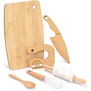 Hölzernes Kindermesser und Kinderbackset für echtes Kochen,6 PCS Kleinkind Montessori Küchenwerkzeuge,Kochen und Backen für Kleine Köche (Regenbogen - Neuf