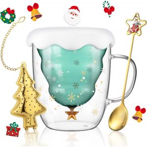 Tasse De No&euml;l Tasse &Agrave; Caf&eacute; Double Paroi 270ml Tasse A Cafe En Sapin De No&euml;l Verre &Agrave; Mug Mignon Avec Couvercle, Filtres &Agrave; Th&eacute;, Pour Cappuccino, Th&eacute;, Lait, Cadeau De No&euml;l, Anniversaire - Neuf