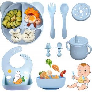 Coffret Repas Bebe 9 Pièces, Vaisselle Antiderapant Pour Bébé Set Silicone Avec Ventouse Assiette Bol Fourche Cuillère Bavoir Et Tasse, Assiette Enfant Set, Sans Bpa (Vert Foncé) - Neuf