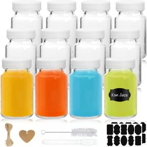 Jexnovashop-Lot De 12 Petite Bouteilles En Verre R&eacute;utilisables,Petite Bouteille En Verre Vide,Bouteilles De Jus Avec &Eacute;tiquettes,Stylo Et Brosse,Mini Bouteille En Verres Pour Jus,Lait,Miel,Bonbons - Neuf