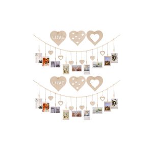 Pr&eacute;sentoir photo suspendu avec 9 pinces et perles en bois, d&eacute;coration murale pour photos et ?uvres d'art - Neuf