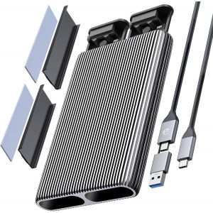 Dual-Bay Bo&icirc;tier M.2 NVMe NGFF SATA SSD, Aluminium USB3.2 Gen2 10Gbps Adaptateur, M.2 Type-C Station d'accueil pour PCIe M-Key, B&M Key 2230/2242/2260/2280 SSD, sans Outil, Jusqu'&agrave; 4To- AM2-2S - Neuf