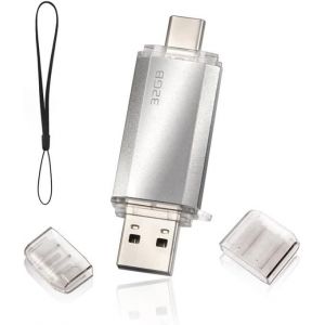 Cl&eacute; USB 32Go 2.0 2 en 1 Rapide, OTG Cl&eacute; USB C 32Go 2 en 1 Type C USB 2.0 en M&eacute;tal, Pen Drive 32GB Flash Drive 32GB pour PC/Smartphones/MacBook Pro(Argent) - Neuf