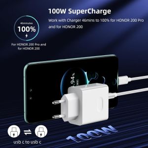 100W Supercharge Chargeur Rapide et 1M 6A C&acirc;ble USB C pour Honor 200 Pro 200 Lite Magic7 5 6, 2 Ports PD Chargeur Rapide USB per Honor 90 Smart X6b X7b 70 Lite X8a X7a X6a X8b X7b Magic V2 V3 Pad 9 - Neuf