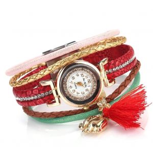 Femmes R&eacute;tro Multicouche Pu Cuir Ceinture Pompon &Eacute;l&eacute;phant Pendentif Montre &Agrave; Quartz (Rouge) - Neuf