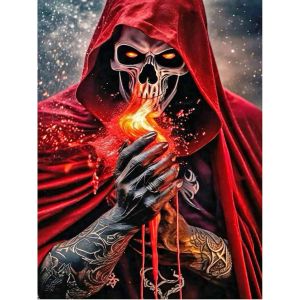 Ayuhr-40 X 50 Cm - Pierres Carrées - Peinture Diamant - Tête De Mort - Squelette - Cape Rouge - Gothique - Horreur - Mosaïque - Peinture Diamant - Art - Broderie Au Point De Croix - Images - Cadeau - Neuf