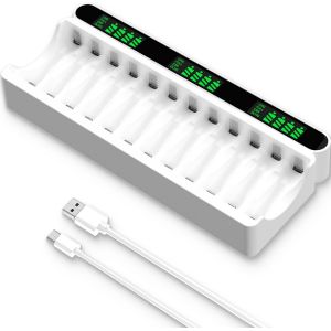 Chargeur de Piles Rechargeables,12 Slots de Charge Indépendants avec écran LCD,5V 2A Type-C et Entrée Micro USB,pour Batterie Rechargeable NiMH/NiCD AA AAA - Neuf