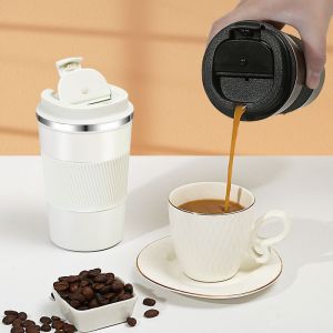 Tasse À Café, Tasse De Café Isolée Tasse De Voyage En Acier Inoxydable - Tasse De Voiture À Double Paroi Couvercle Isolant Tasse À Café Réutilisable Écologique, 380 Ml / 13 Oz (White-A) - Neuf