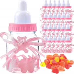 lbgwp60-24 Pièces Bonbons Bouteilles Cadeau, Mini Petite Biberon Et Etiquettes Oursons Bouteille Cadeau Boîte Cadeau De Baptême Bouteille A Bonbon Party Accessoire Baby Shower Party (Rose) - Neuf