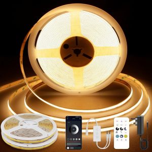 Ruban Led Cob 3000k, 7,5m Bande Led Blanc Chaud, Lumi&egrave;re Bande Led Dimmable 24v, Application Bluetooth, Cri 92+, Largeur 8mm, Avec T&eacute;l&eacute;commande Et Alimentation, Pour La D&eacute;coration De La Maison - Neuf