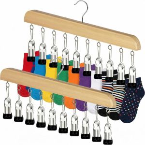 KALANKA-Lot de 2 S&eacute;choirs &agrave; Chaussettes en Bois avec 10 Pinces Etendoir Chaussette S&eacute;choir &agrave; Linge Anti-Vent pour Chaussettes sous-v&ecirc;tements Serviettes et Petits Articles - Neuf