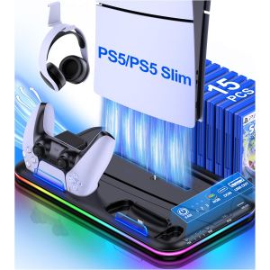 Socle PS5 avec Ventilateur de Refroidissement, Lumi&egrave;res RVB, Chargeur Double Manette, Porte-Casque, 15 Emplacements de Jeu - Support Vertical pour PS5 Disc/Digital Edition/Slim - Neuf