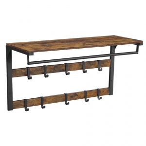 Porte-manteaux mural vestiaire flottant avec 10 crochets en 2 rangs &eacute;tag&egrave;re de rangement suspendue avec tringle pour entr&eacute;e chambre salle de bain marron Helloshop26 12_0007106 - Neuf