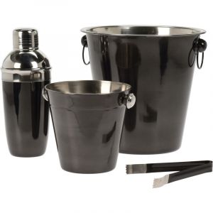 Excellent Houseware - Kit De Barman Pour Boissons : Porte-Alcool, R&eacute;cipient &Agrave; Gla&ccedil;ons, Pinces, Shaker, Noir Mat, Acier Inoxydable - Neuf