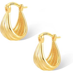 Kal-Boucles D'oreilles Cr&eacute;oles En Argent 925, Cr&eacute;oles Grandes Ovale G&eacute;om&eacute;trique, &Eacute;pais, Plaqu&eacute; Or 14 Carats, Pour Femme - Neuf